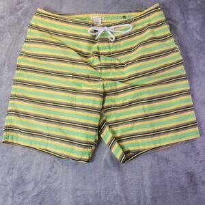 Club Monaco Mens Striped Board Shorts Green Yellow Swim Trunks Size M Beach